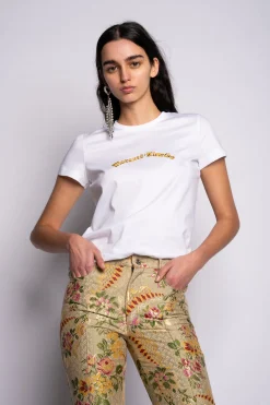 WHITE CAP SLEEVE T-SHIRT WITH GOLD LOGO
