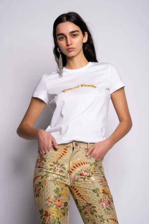 WHITE CAP SLEEVE T-SHIRT WITH GOLD LOGO