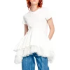 WHITE CAP SLEEVE T-SHIRT WITH FRILL AND LACE HEM