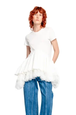 WHITE CAP SLEEVE T-SHIRT WITH FRILL AND LACE HEM