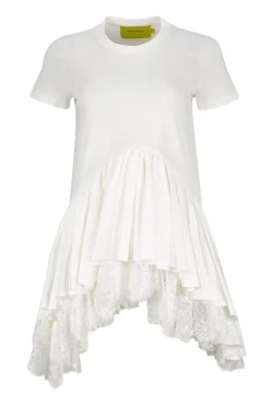 WHITE CAP SLEEVE T-SHIRT WITH FRILL AND LACE HEM