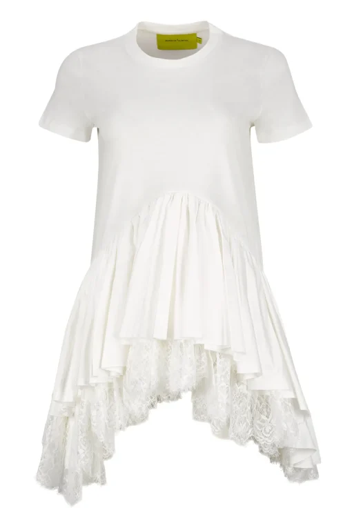 WHITE CAP SLEEVE T-SHIRT WITH FRILL AND LACE HEM