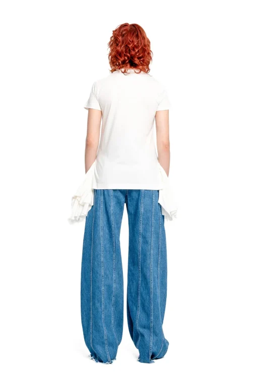 WHITE CAP SLEEVE T-SHIRT WITH FRILL AND LACE HEM