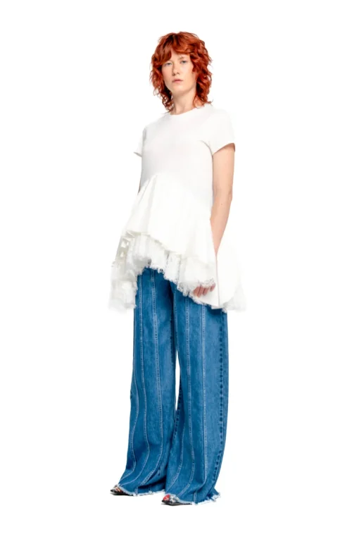 WHITE CAP SLEEVE T-SHIRT WITH FRILL AND LACE HEM