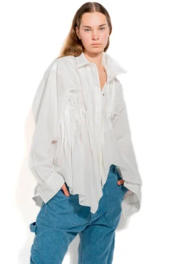 WHITE CINCHED PLEATED SHIRT