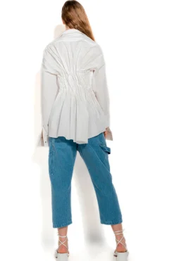 WHITE CINCHED PLEATED SHIRT