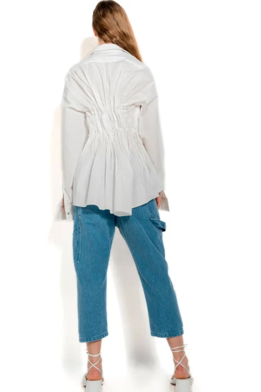 WHITE CINCHED PLEATED SHIRT