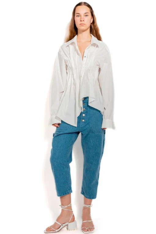 WHITE CINCHED PLEATED SHIRT