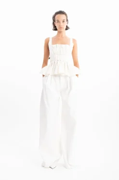 WHITE DENIM PLEATED TROUSERS
