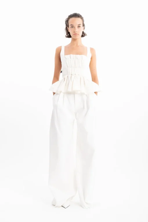 WHITE DENIM PLEATED TROUSERS