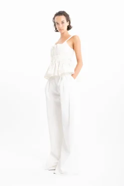 WHITE DENIM PLEATED TROUSERS