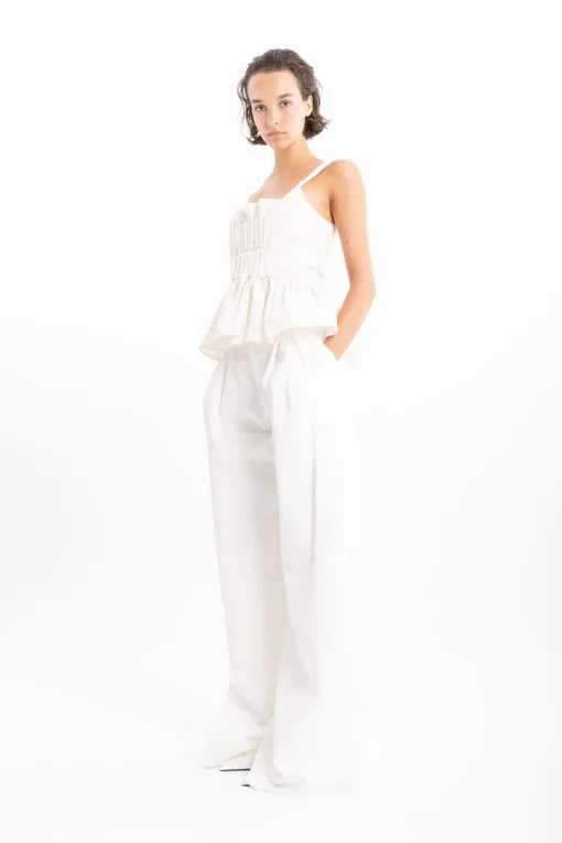 WHITE DENIM PLEATED TROUSERS