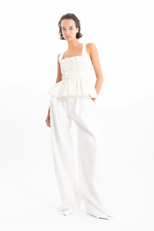WHITE DENIM PLEATED TROUSERS