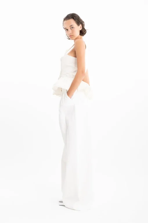 WHITE DENIM PLEATED TROUSERS