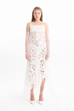 WHITE EMBROIDERED STRAP DRESS WITH PEPLUM