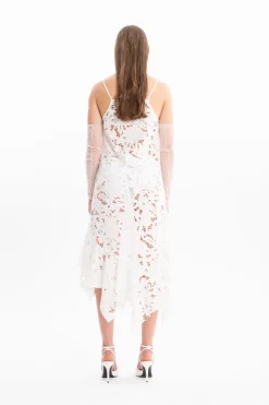 WHITE EMBROIDERED STRAP DRESS WITH PEPLUM