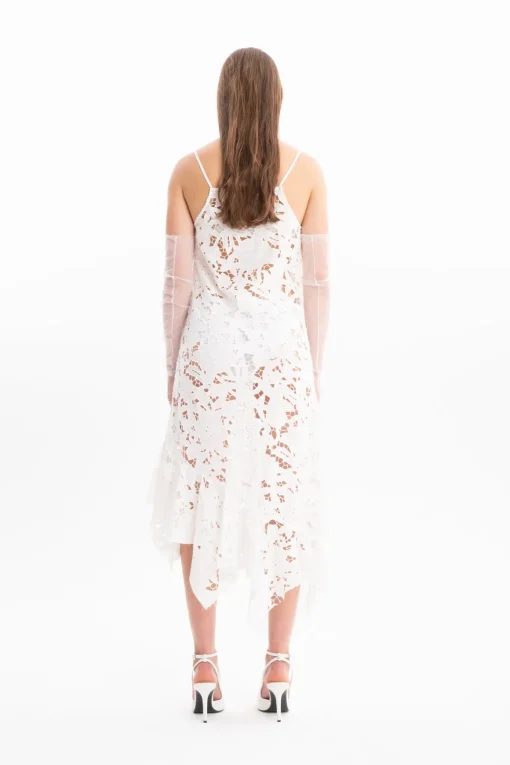 WHITE EMBROIDERED STRAP DRESS WITH PEPLUM