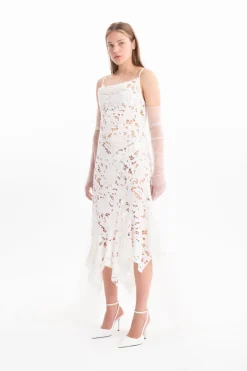 WHITE EMBROIDERED STRAP DRESS WITH PEPLUM