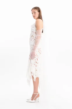 WHITE EMBROIDERED STRAP DRESS WITH PEPLUM