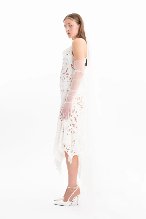 WHITE EMBROIDERED STRAP DRESS WITH PEPLUM