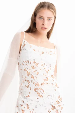 WHITE EMBROIDERED STRAP DRESS WITH PEPLUM