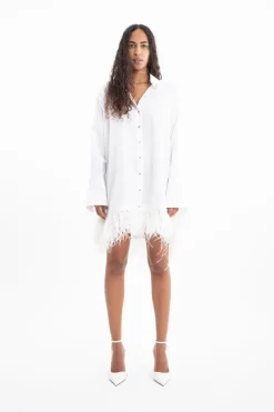 WHITE FEATHER HEM SHIRT DRESS