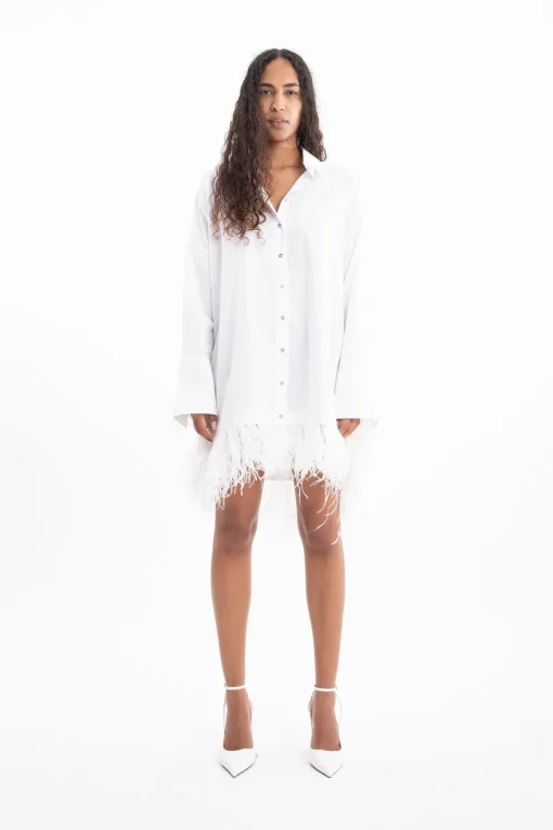 WHITE FEATHER HEM SHIRT DRESS