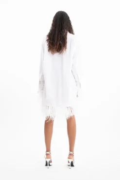 WHITE FEATHER HEM SHIRT DRESS