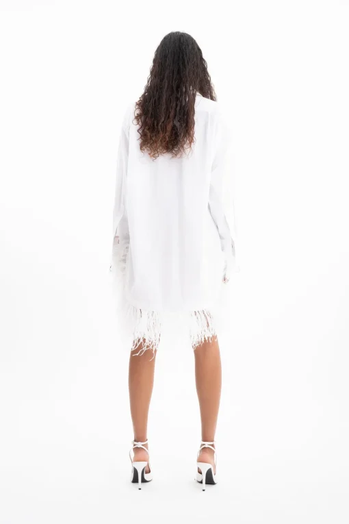 WHITE FEATHER HEM SHIRT DRESS