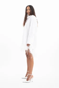 WHITE FEATHER HEM SHIRT DRESS