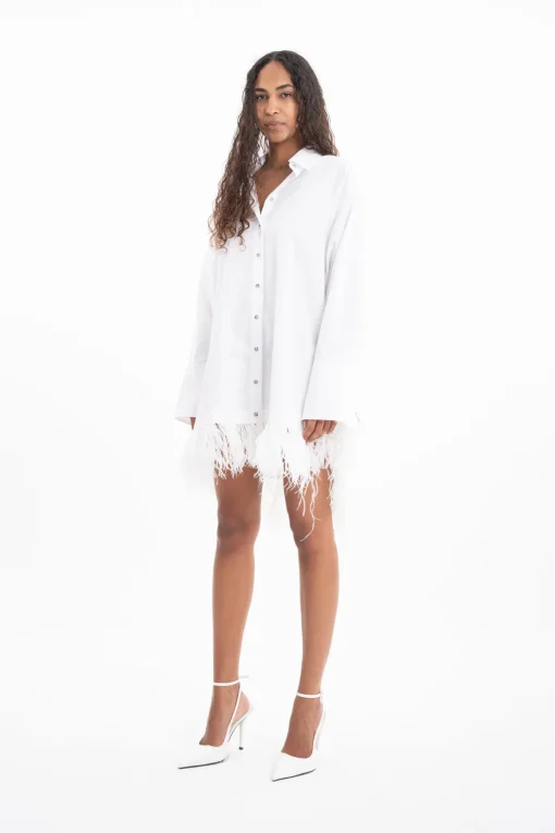 WHITE FEATHER HEM SHIRT DRESS