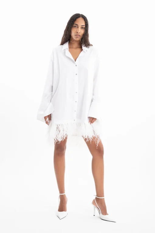 WHITE FEATHER HEM SHIRT DRESS