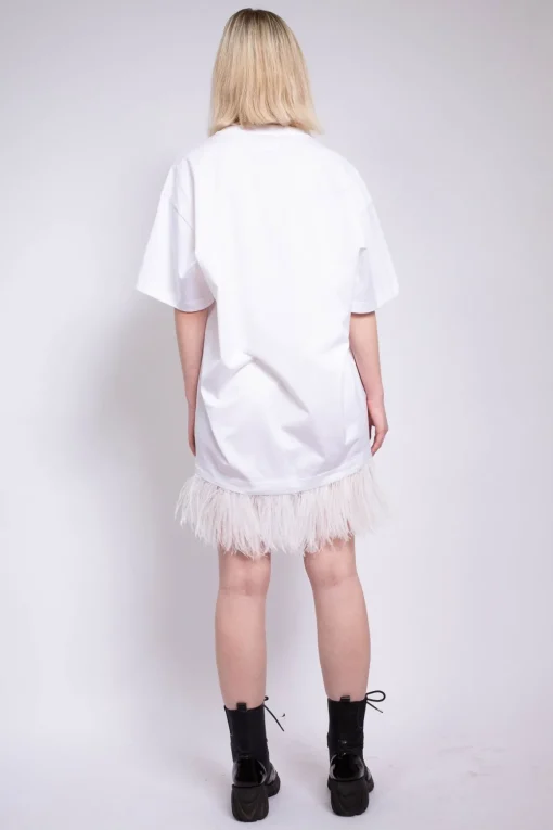 WHITE FEATHER HEM T-SHIRT DRESS