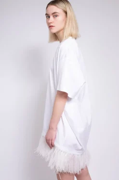WHITE FEATHER HEM T-SHIRT DRESS