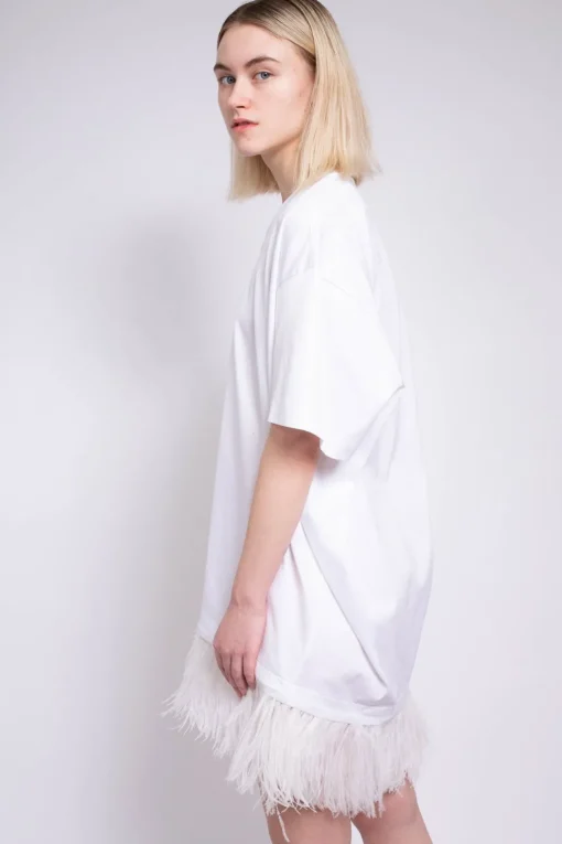 WHITE FEATHER HEM T-SHIRT DRESS