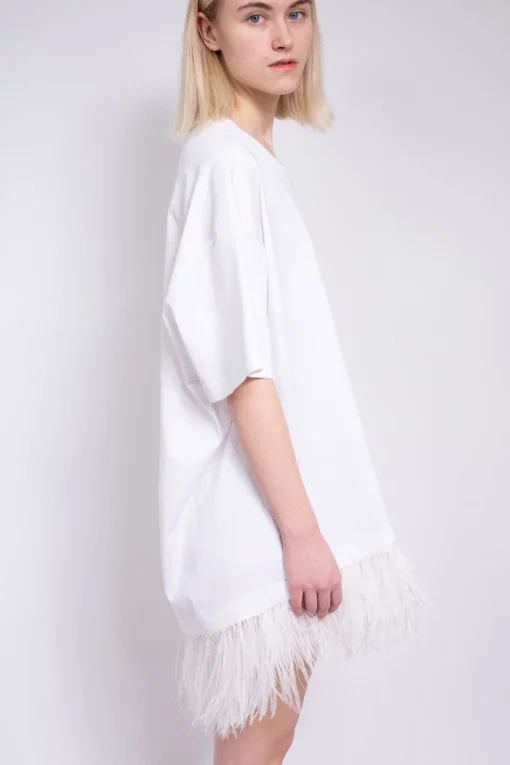 WHITE FEATHER HEM T-SHIRT DRESS