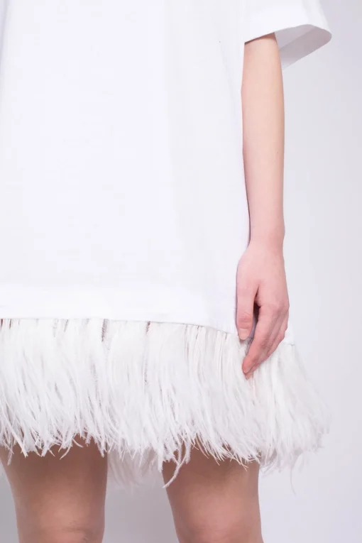 WHITE FEATHER HEM T-SHIRT DRESS