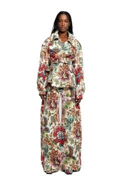 WHITE FLORAL BROCADE BOYFRIEND TROUSERS
