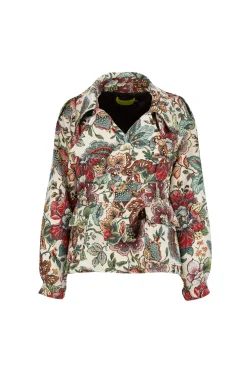 WHITE FLORAL BROCADE CROPPED TRENCH COAT STYLE JACKET