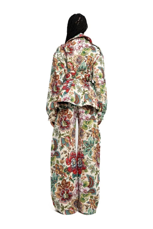 WHITE FLORAL BROCADE CROPPED TRENCH COAT STYLE JACKET