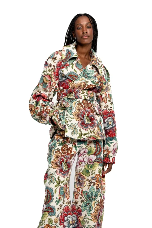 WHITE FLORAL BROCADE CROPPED TRENCH COAT STYLE JACKET