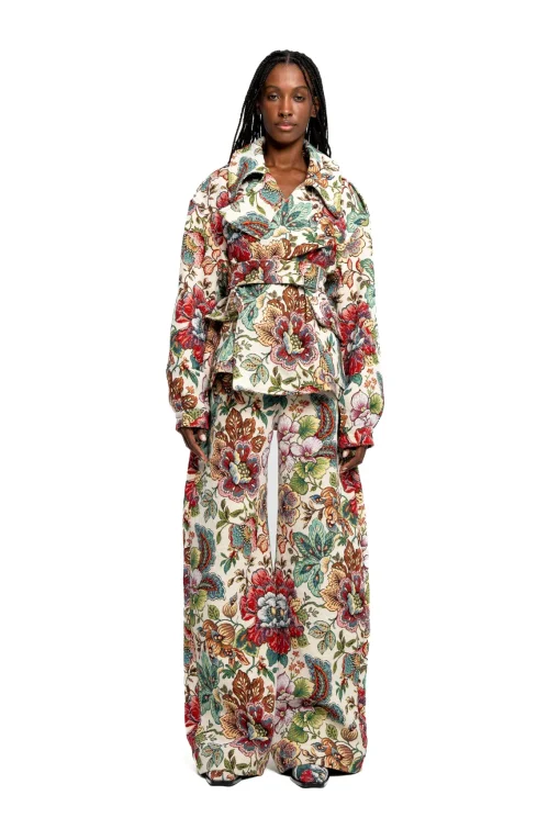 WHITE FLORAL BROCADE CROPPED TRENCH COAT STYLE JACKET