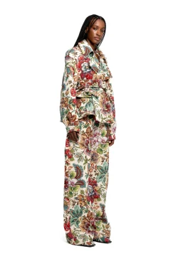 WHITE FLORAL BROCADE CROPPED TRENCH COAT STYLE JACKET