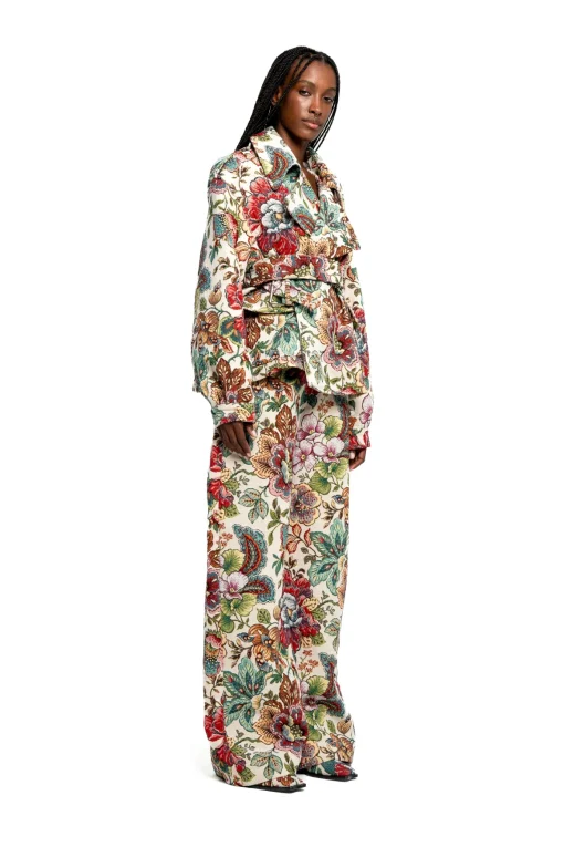 WHITE FLORAL BROCADE CROPPED TRENCH COAT STYLE JACKET
