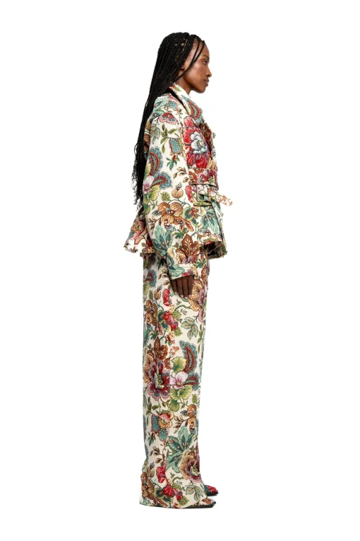 WHITE FLORAL BROCADE CROPPED TRENCH COAT STYLE JACKET