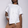 WHITE LINED DISTRESSED T-SHIRT WITH FEATHERS