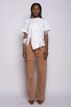 WHITE LINED DISTRESSED T-SHIRT WITH FEATHERS