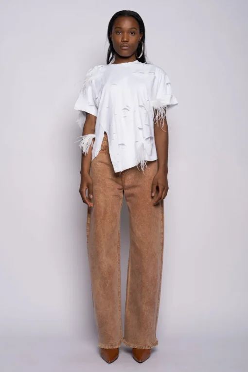 WHITE LINED DISTRESSED T-SHIRT WITH FEATHERS