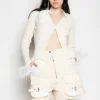 WHITE MERINO WOOL CARDIGAN WITH FEATHERS