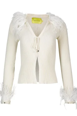 WHITE MERINO WOOL CARDIGAN WITH FEATHERS